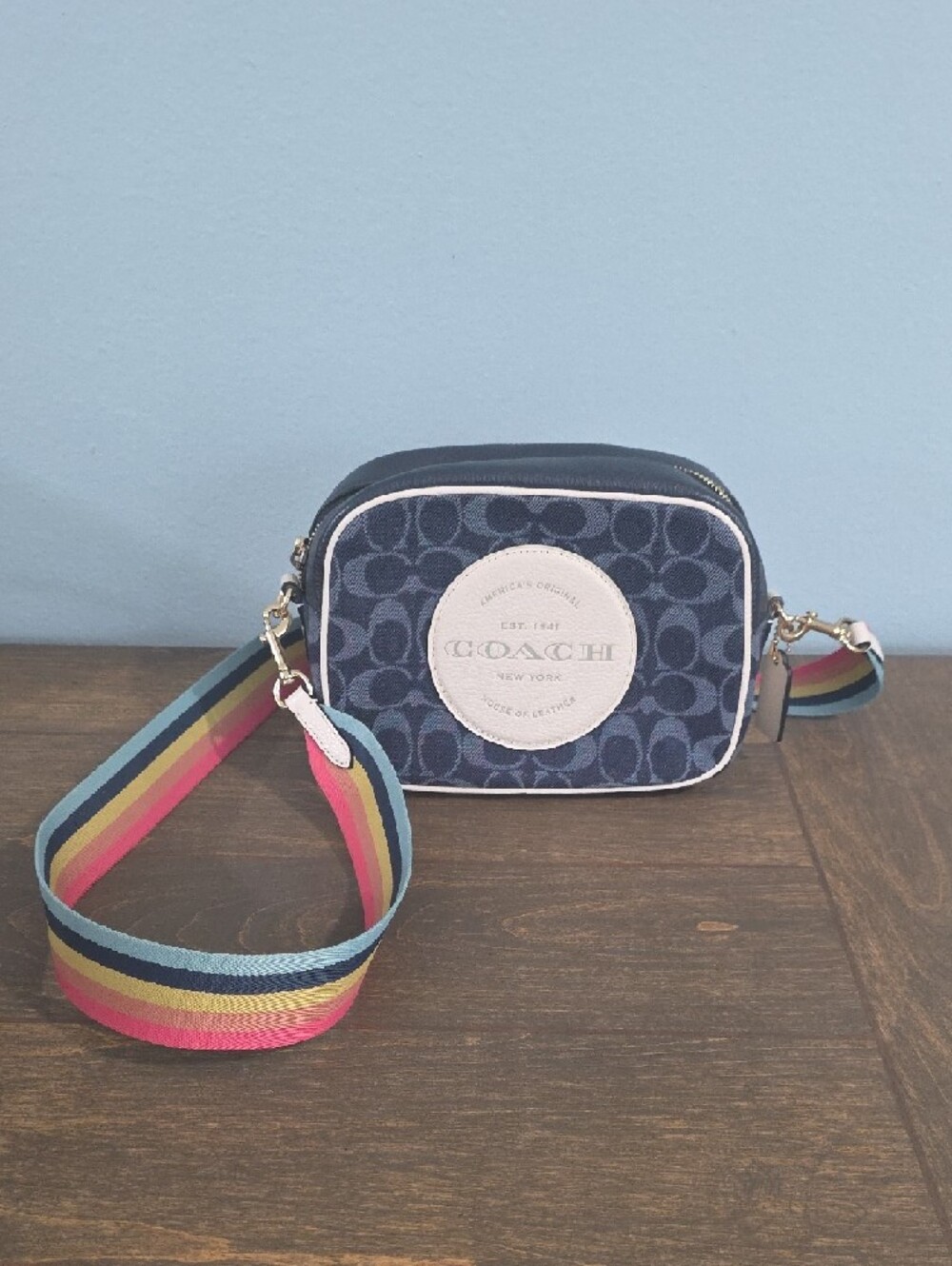 Coach Navy Signature Canvas Crossbody with Rainbow Stripe Strap - Picture 2 of 4